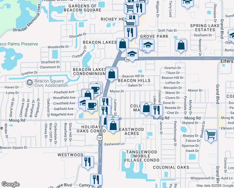 map of restaurants, bars, coffee shops, grocery stores, and more near 3625 Cantrell Street in Port Richey