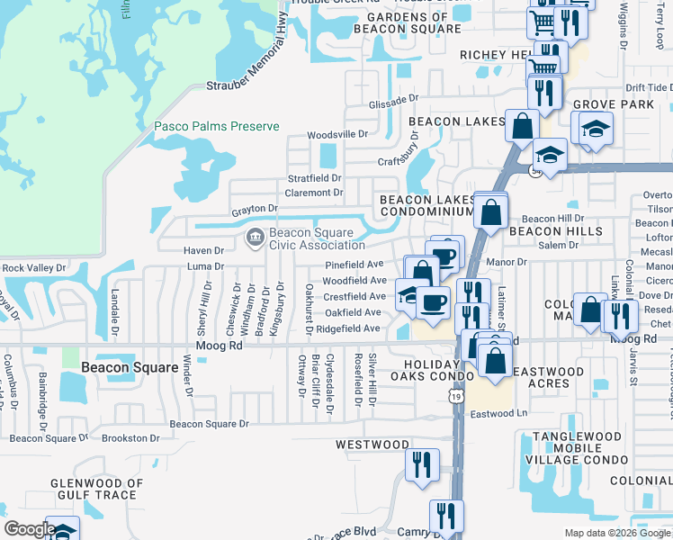 map of restaurants, bars, coffee shops, grocery stores, and more near 4116 Woodfield Avenue in Holiday