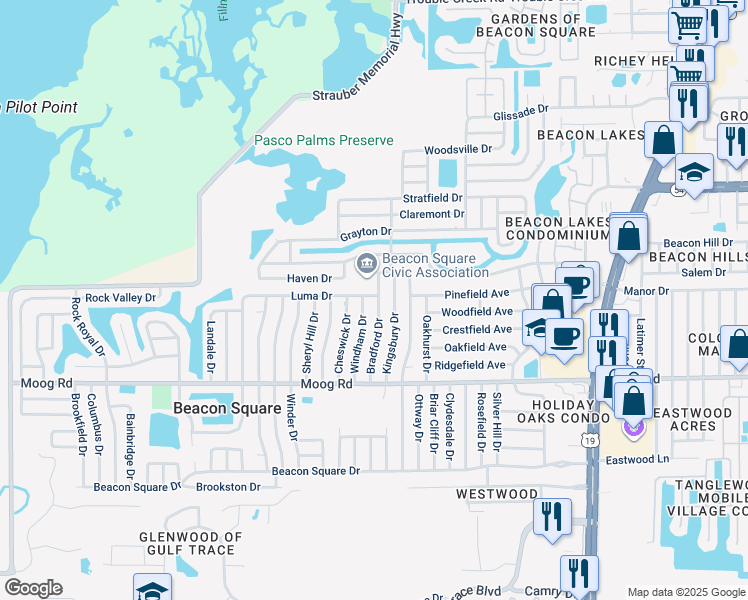 map of restaurants, bars, coffee shops, grocery stores, and more near 3709 Bradford Drive in Holiday