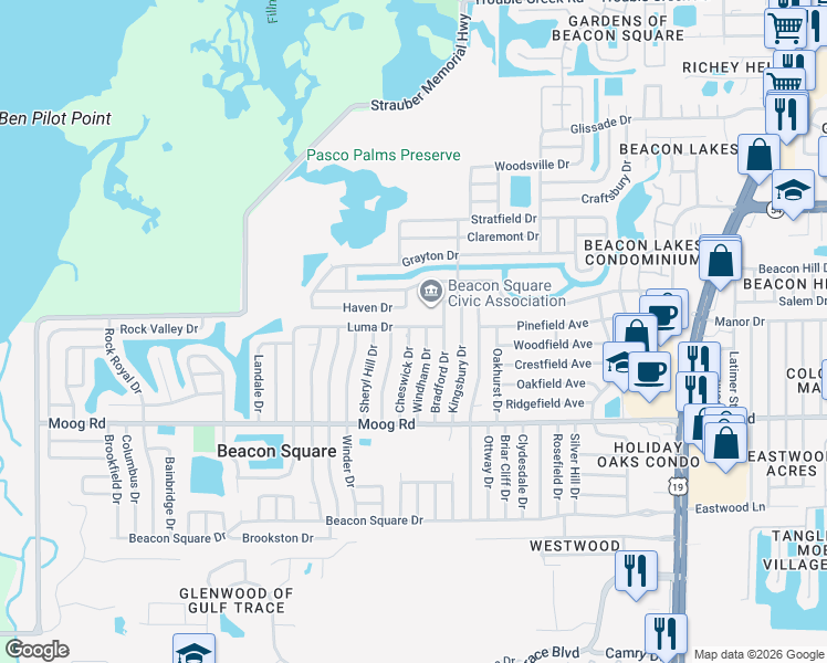 map of restaurants, bars, coffee shops, grocery stores, and more near 3637 Cheswick Drive in Holiday