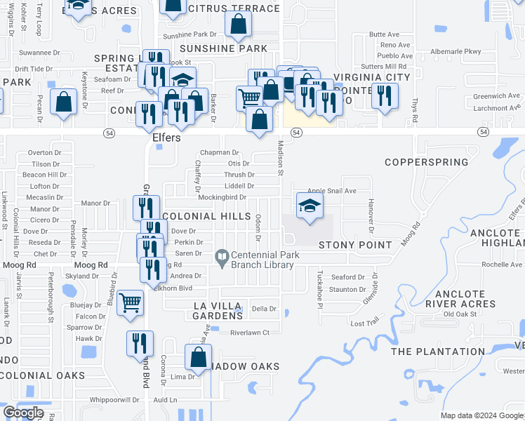 map of restaurants, bars, coffee shops, grocery stores, and more near 3654 Odom Drive in New Port Richey