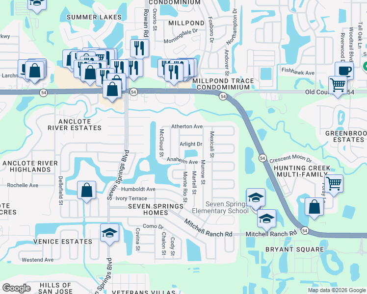 map of restaurants, bars, coffee shops, grocery stores, and more near 7652 Antioch Drive in New Port Richey