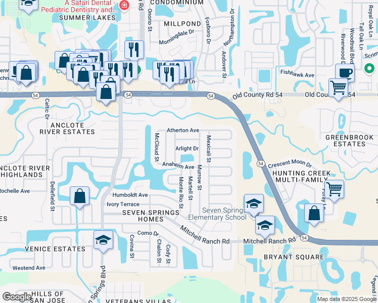 map of restaurants, bars, coffee shops, grocery stores, and more near 7716 Arlight Drive in New Port Richey