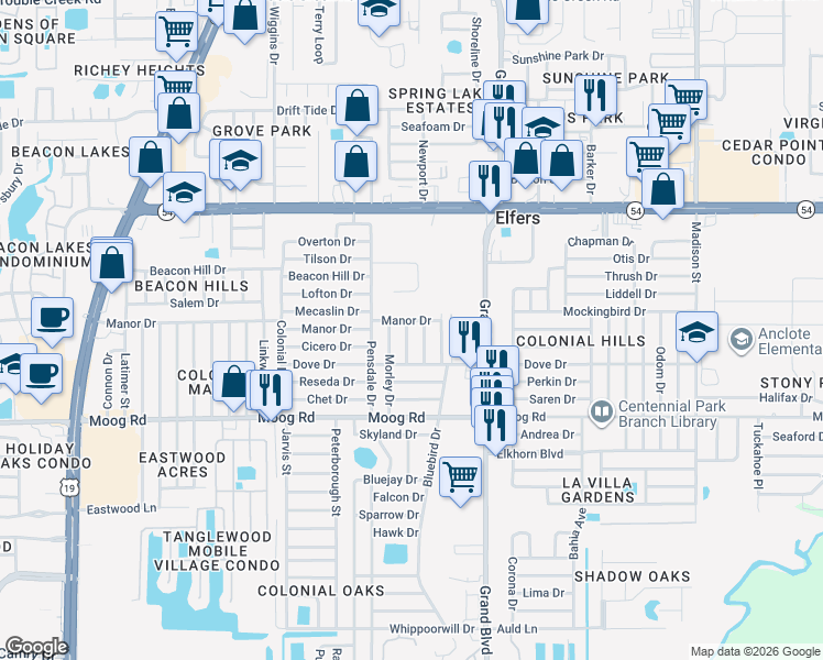 map of restaurants, bars, coffee shops, grocery stores, and more near 5313 Manor Drive in New Port Richey