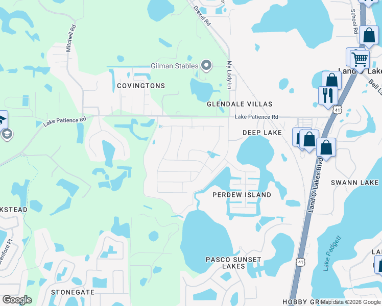 map of restaurants, bars, coffee shops, grocery stores, and more near 3837 Perdew Drive in Land O' Lakes