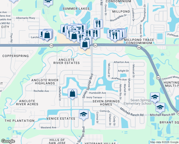 map of restaurants, bars, coffee shops, grocery stores, and more near 7316 Belvedere Terrace in New Port Richey