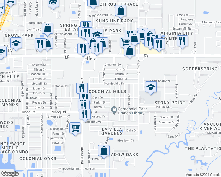 map of restaurants, bars, coffee shops, grocery stores, and more near 3704 Yellowbird Drive in New Port Richey