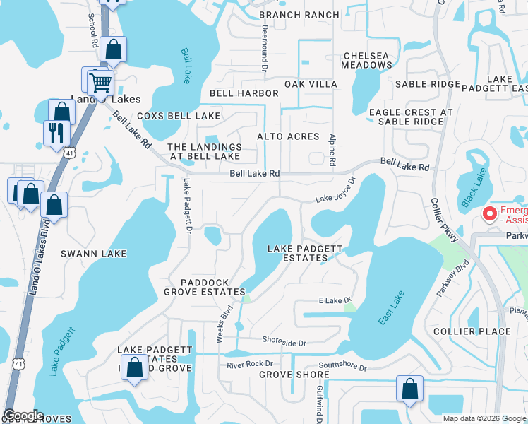 map of restaurants, bars, coffee shops, grocery stores, and more near 3856 Lake Joyce Drive in Land O' Lakes