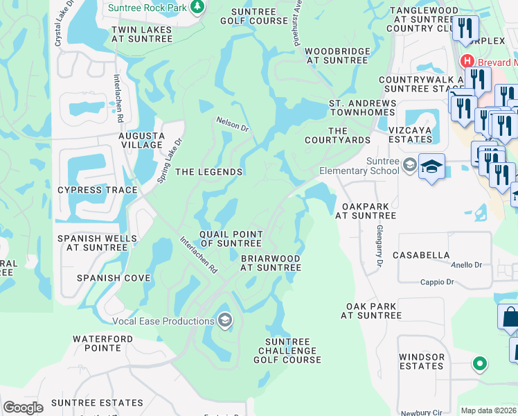 map of restaurants, bars, coffee shops, grocery stores, and more near 804 Ridge Lake Drive in Melbourne