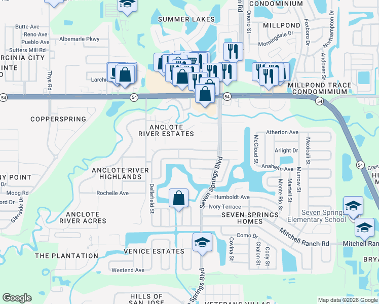 map of restaurants, bars, coffee shops, grocery stores, and more near 7227 Carmel Avenue in New Port Richey