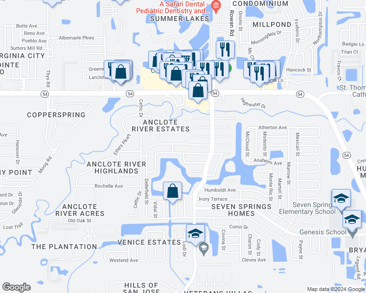 map of restaurants, bars, coffee shops, grocery stores, and more near 7212 Carmel Avenue in New Port Richey