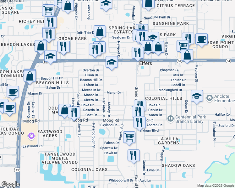map of restaurants, bars, coffee shops, grocery stores, and more near 5313 Manor Drive in New Port Richey