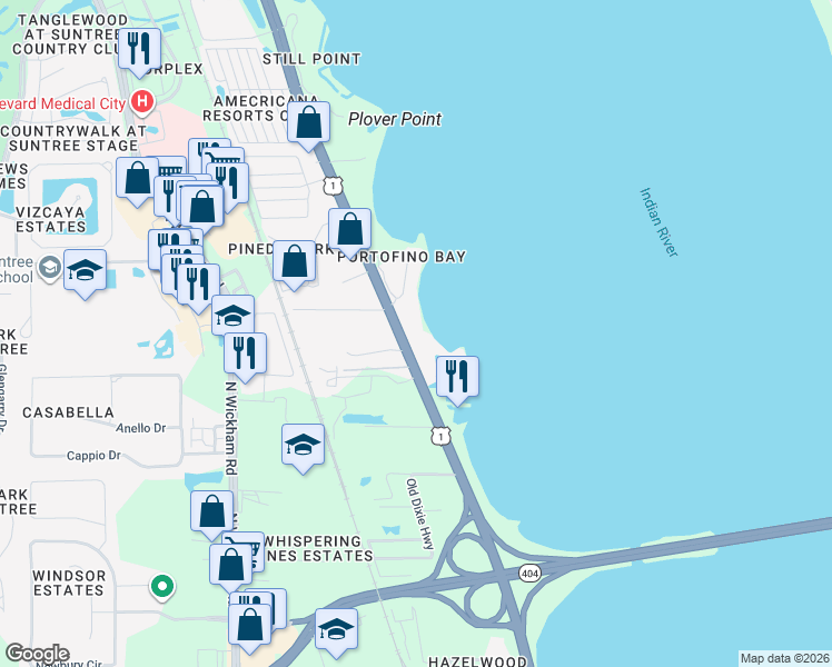 map of restaurants, bars, coffee shops, grocery stores, and more near 6285 U.S. 1 in Melbourne