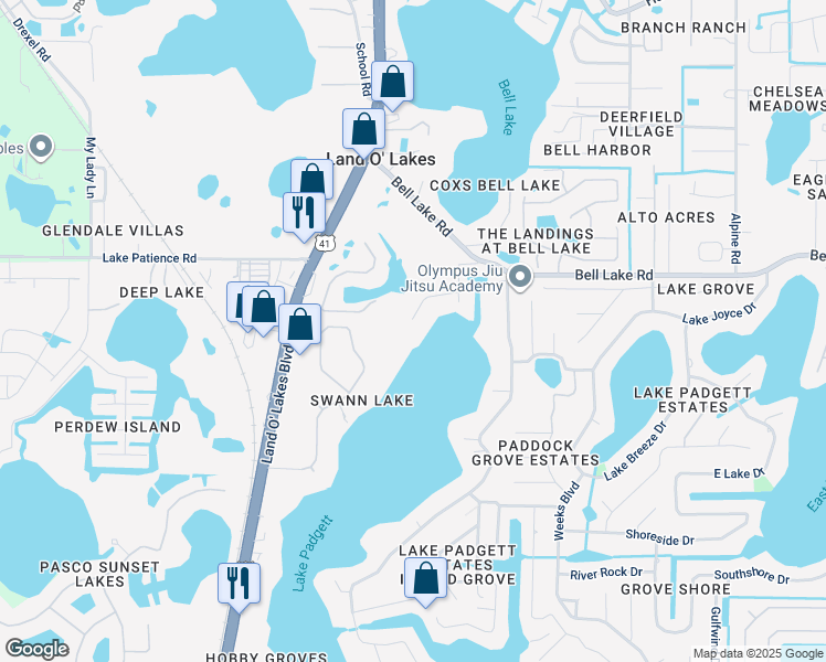 map of restaurants, bars, coffee shops, grocery stores, and more near 3840 Peninsular Drive in Land O' Lakes