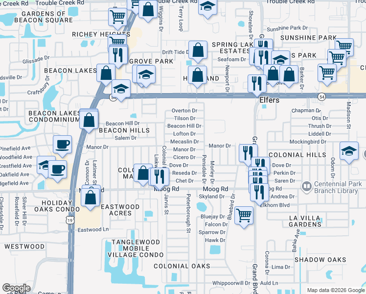 map of restaurants, bars, coffee shops, grocery stores, and more near 5117 Mecaslin Drive in New Port Richey