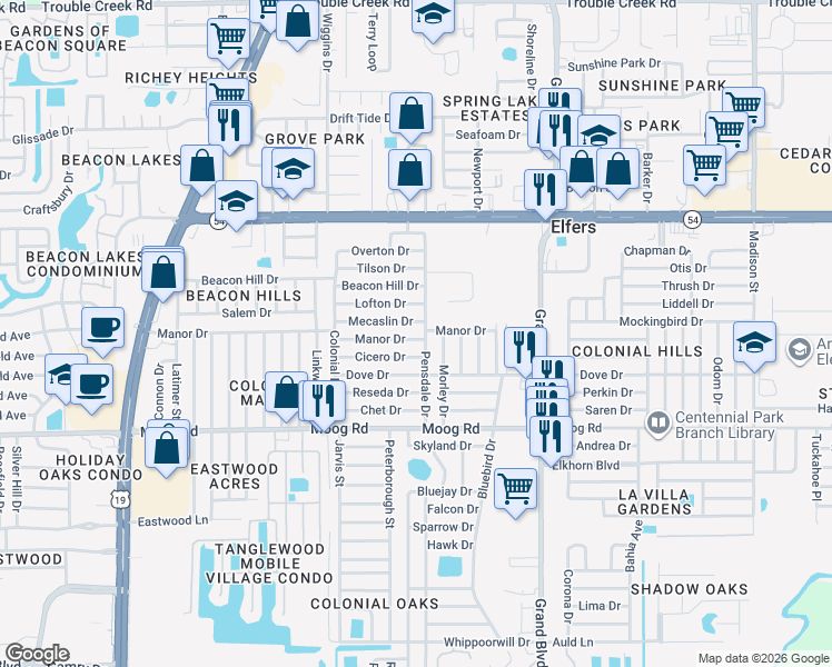 map of restaurants, bars, coffee shops, grocery stores, and more near 3728 Pensdale Drive in Port Richey