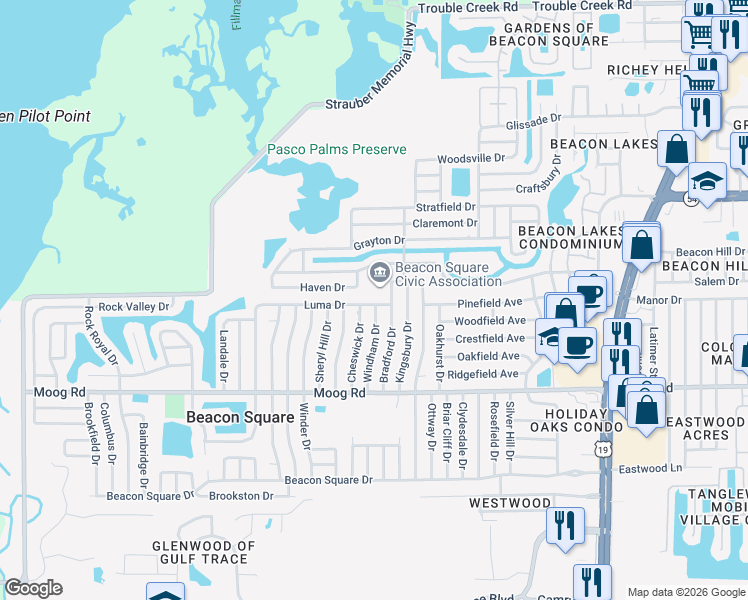 map of restaurants, bars, coffee shops, grocery stores, and more near 3741 Bradford Drive in Holiday