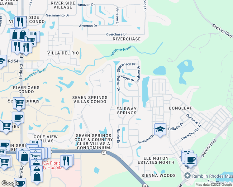 map of restaurants, bars, coffee shops, grocery stores, and more near 3723 Sarazen Drive in New Port Richey