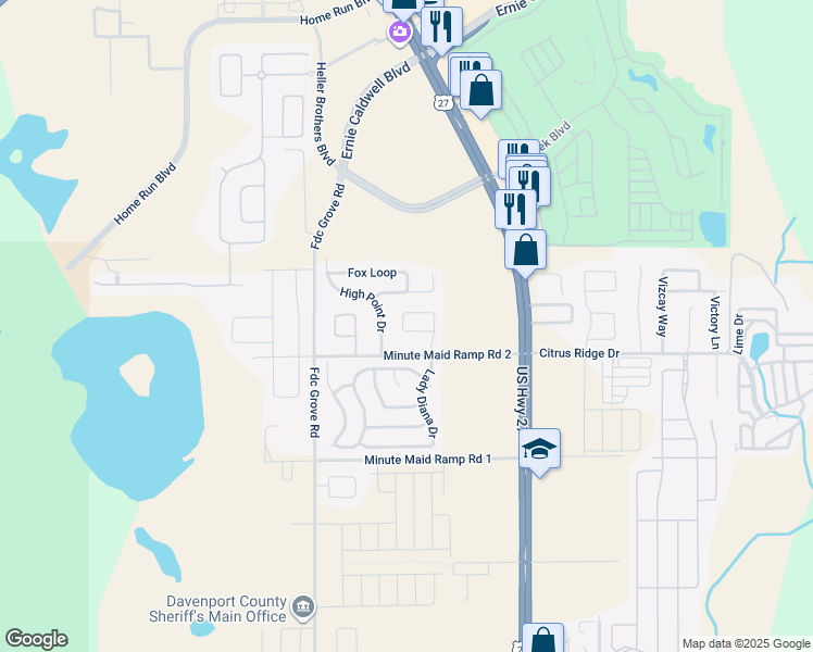 map of restaurants, bars, coffee shops, grocery stores, and more near 408 Silver Palms Circle in Davenport