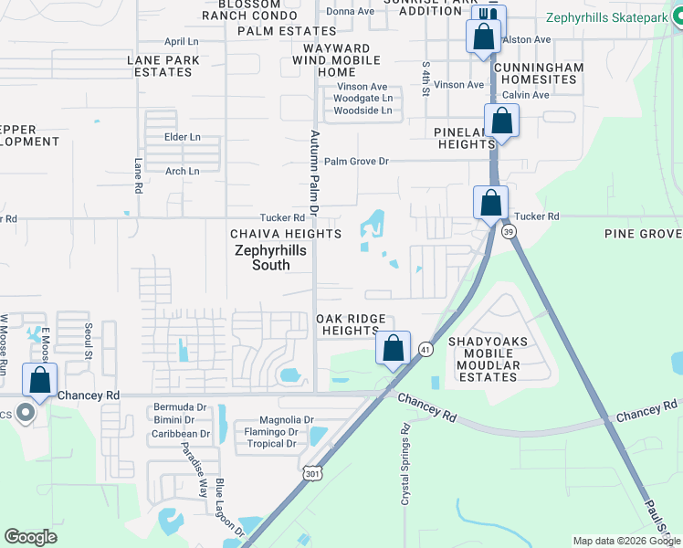 map of restaurants, bars, coffee shops, grocery stores, and more near 3902 Autumn Palm Drive in Zephyrhills