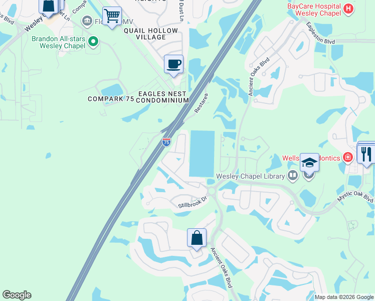 map of restaurants, bars, coffee shops, grocery stores, and more near 3840 Silverlake Way in Wesley Chapel