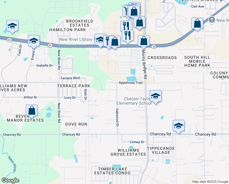 map of restaurants, bars, coffee shops, grocery stores, and more near 34216 Cherokee Lane in Zephyrhills