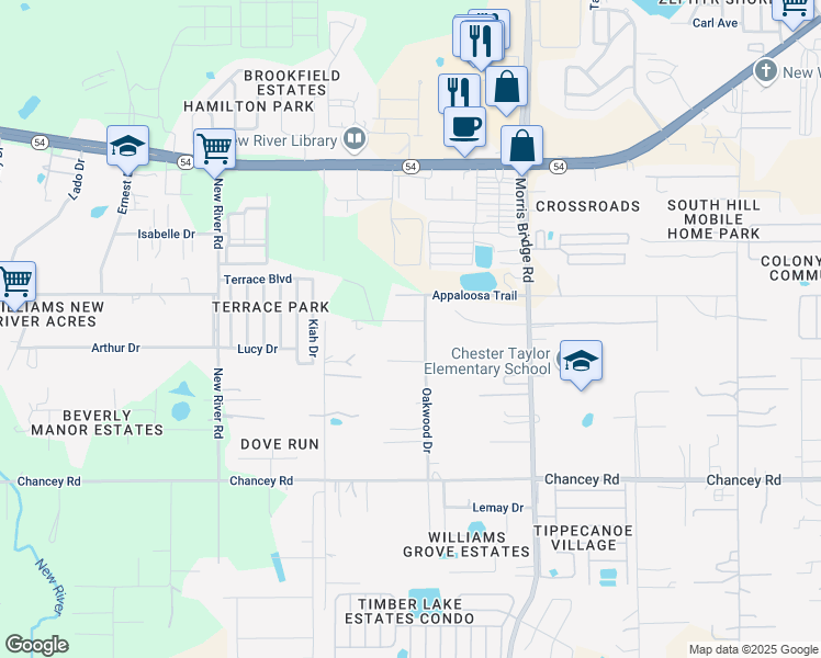 map of restaurants, bars, coffee shops, grocery stores, and more near 34216 Cherokee Lane in Zephyrhills