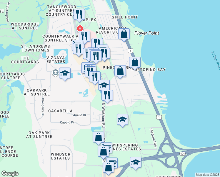 map of restaurants, bars, coffee shops, grocery stores, and more near 6315 North Wickham Road in Melbourne