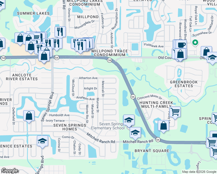 map of restaurants, bars, coffee shops, grocery stores, and more near 7838 Aden Loop in New Port Richey