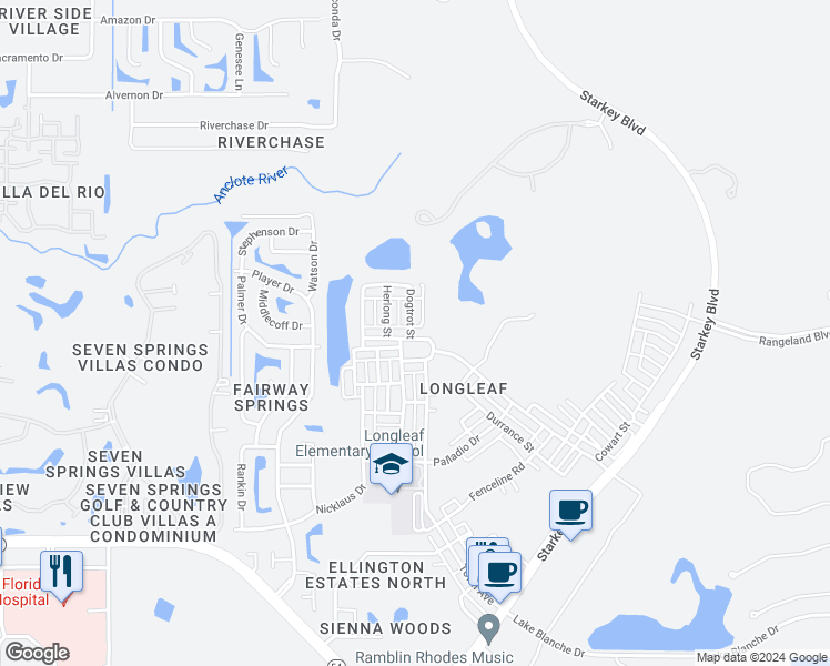 map of restaurants, bars, coffee shops, grocery stores, and more near 10207 Porch Street in New Port Richey