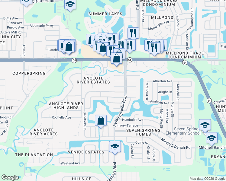 map of restaurants, bars, coffee shops, grocery stores, and more near 7227 Carmel Avenue in New Port Richey