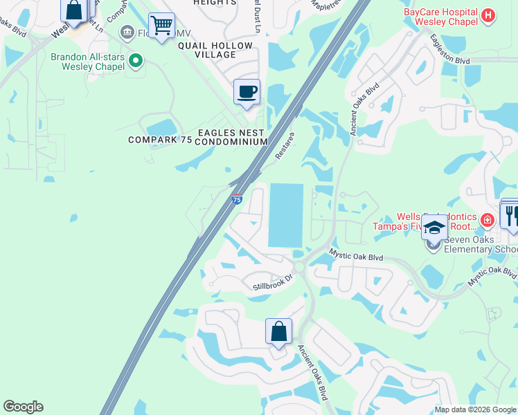 map of restaurants, bars, coffee shops, grocery stores, and more near 3847 Silverlake Way in Wesley Chapel
