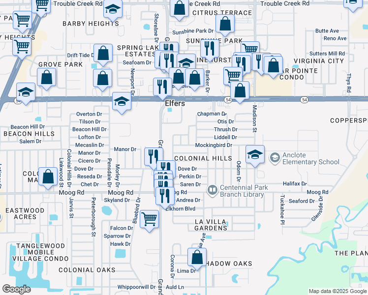 map of restaurants, bars, coffee shops, grocery stores, and more near 5612 Mockingbird Drive in New Port Richey