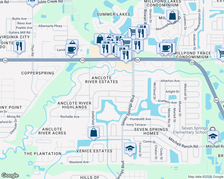 map of restaurants, bars, coffee shops, grocery stores, and more near 7131 Carmel Avenue in New Port Richey