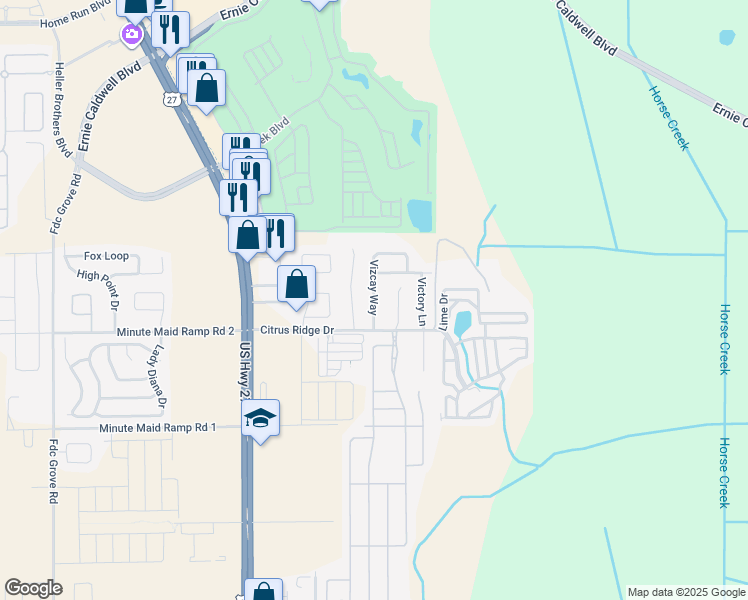 map of restaurants, bars, coffee shops, grocery stores, and more near 227 Vizcay Way in Davenport
