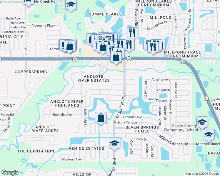 map of restaurants, bars, coffee shops, grocery stores, and more near 7227 Carmel Avenue in New Port Richey