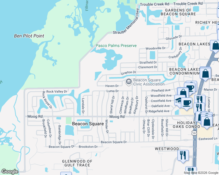 map of restaurants, bars, coffee shops, grocery stores, and more near 3735 Haven Drive in Port Richey