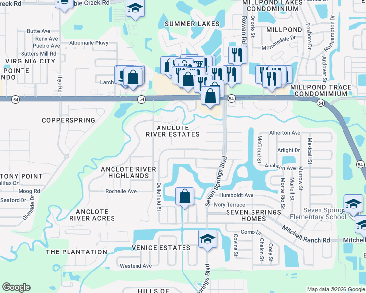 map of restaurants, bars, coffee shops, grocery stores, and more near 7131 Carmel Avenue in New Port Richey