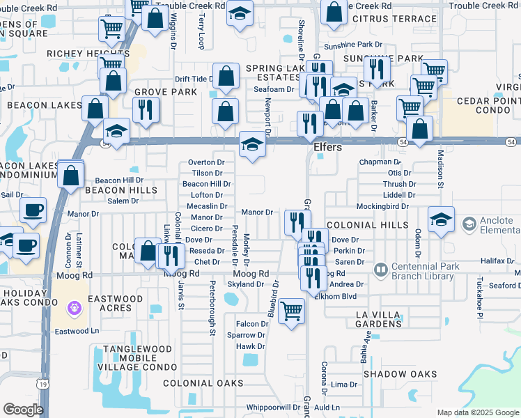 map of restaurants, bars, coffee shops, grocery stores, and more near 5313 Manor Drive in New Port Richey