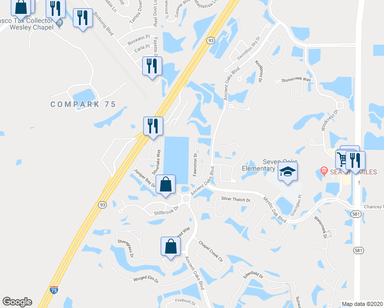 map of restaurants, bars, coffee shops, grocery stores, and more near 3853 Fawnmist Drive in Wesley Chapel