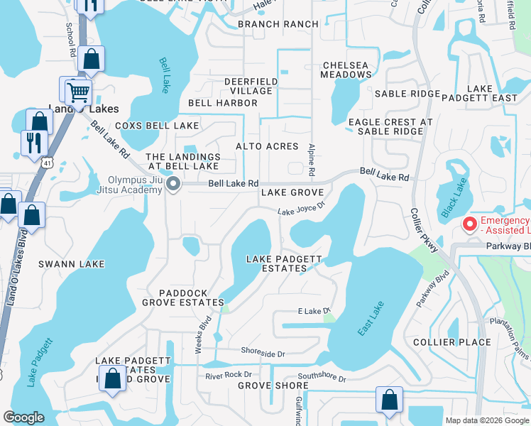 map of restaurants, bars, coffee shops, grocery stores, and more near 3933 Lake Joyce Drive in Land O' Lakes