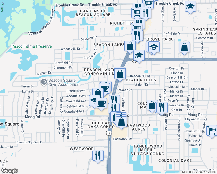 map of restaurants, bars, coffee shops, grocery stores, and more near 3721 U.S. 19 in New Port Richey