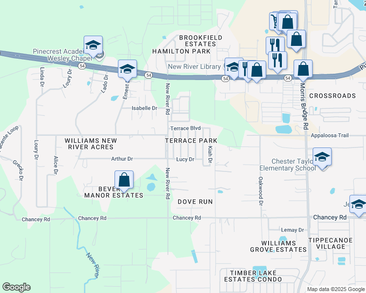 map of restaurants, bars, coffee shops, grocery stores, and more near 3844 Kim Drive in Zephyrhills