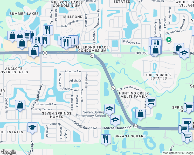 map of restaurants, bars, coffee shops, grocery stores, and more near 7930 Aden Loop in New Port Richey