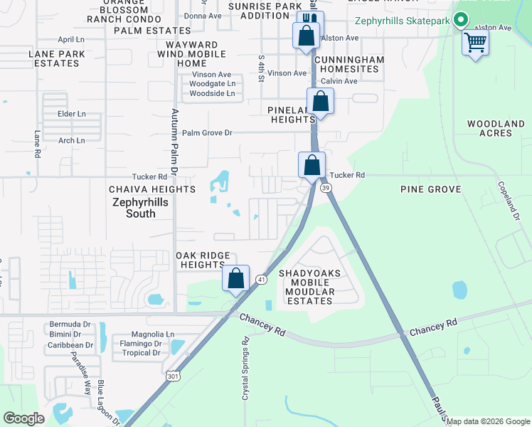 map of restaurants, bars, coffee shops, grocery stores, and more near 3822 Oakcrest Lane in Zephyrhills