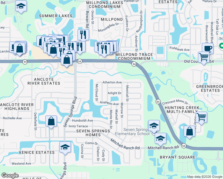 map of restaurants, bars, coffee shops, grocery stores, and more near 7652 Antioch Drive in New Port Richey