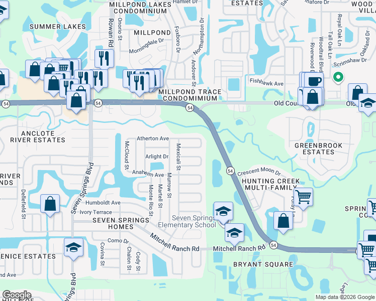 map of restaurants, bars, coffee shops, grocery stores, and more near 7838 Aden Loop in New Port Richey