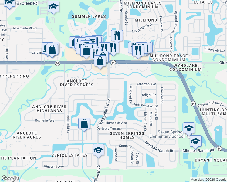 map of restaurants, bars, coffee shops, grocery stores, and more near 7412 Belvedere Terrace in New Port Richey