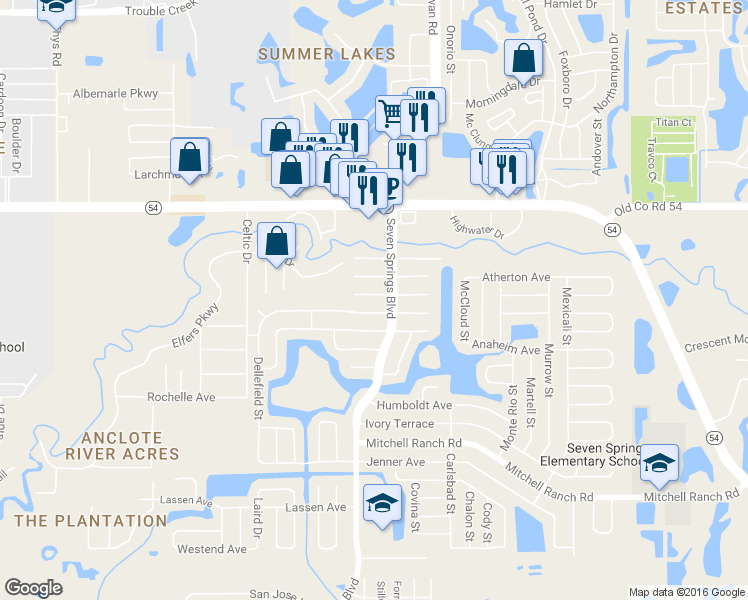 map of restaurants, bars, coffee shops, grocery stores, and more near 7316 Belvedere Terrace in New Port Richey