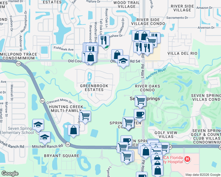 map of restaurants, bars, coffee shops, grocery stores, and more near 8703 Woodbridge Drive in New Port Richey